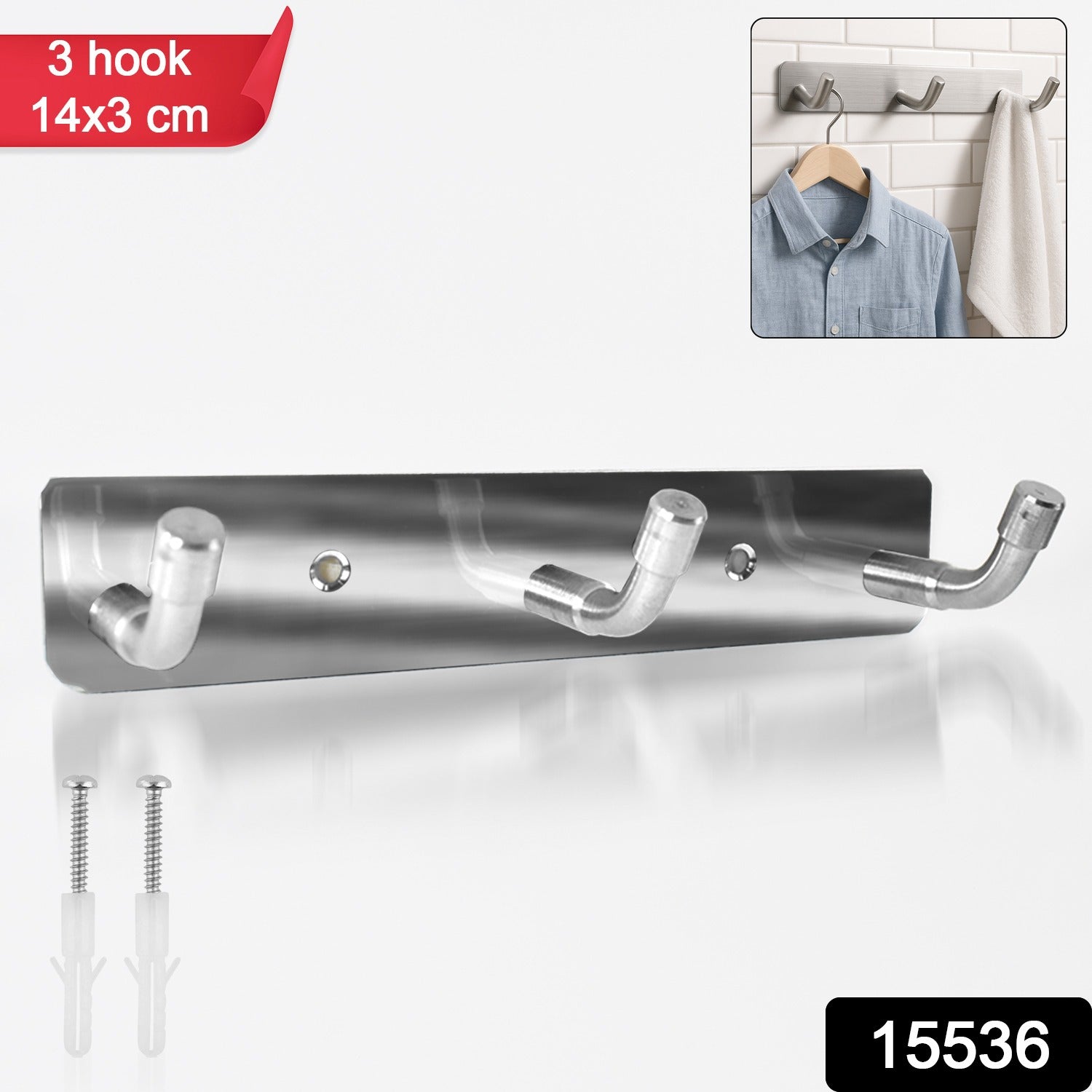 Stainless Steel Wall Mounted Coat 3 Hook Rack (14x3 / 1 Pc) Stainless Steel Wall Mounted Coat 3 Hook Rack (14x3 / 1 Pc)